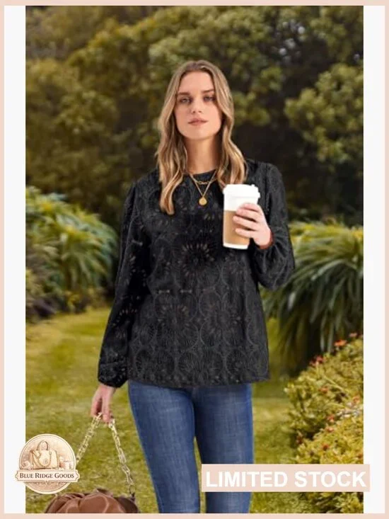 Boho Lace Crochet Blouse Long Sleeve Elegant Flowy Top Button Back Puff Sleeves - Picture 3 of 7